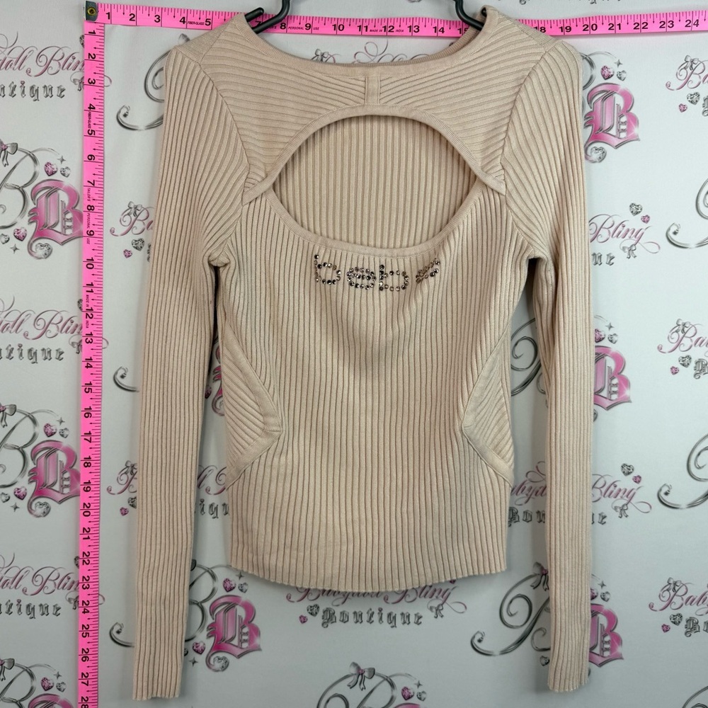 bebe long sleeve Swarovski Beige Ribbed Open cut out front Long Sleeve Top